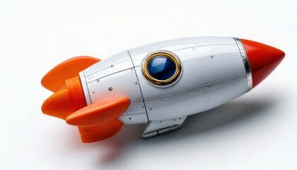 A detailed image of a toy rocket ship with a red nose and orange fins, isolated on a white background.