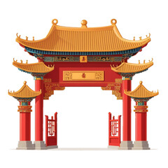 flat vector icon of traditional chinese paifang gate, red pillars and gold roof details, simplified architecture, clean flat illustration, isolated on plain background