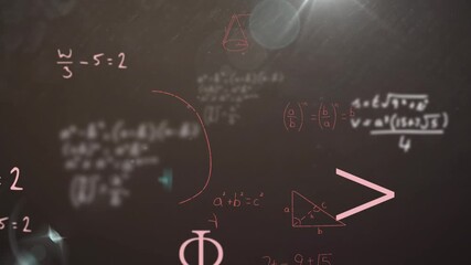 Animation of mathematical equations over globe on black background - Powered by Adobe