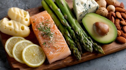 A healthy balanced diet featu fresh salmon, asparagus, avocado, blue cheese, almonds and lemons displayed on a rustic wooden serving board.