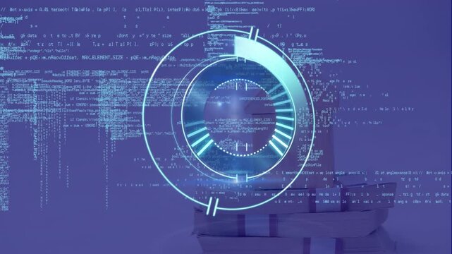 Animation of round scanner and data processing over stack of dollar bills against blue background