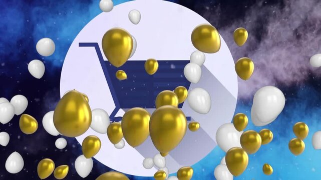 Animation of balloons floating over rotating mirror ball
