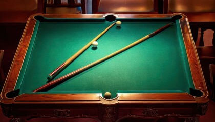 A well-lit pool table with cues and balls ready for a game of billiards.