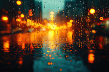 Cinematic Lighting Illuminates a Window with Detailed Rainfall and Cityscape