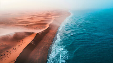 Aerial view of desert dunes meeting ocean waves with majestic red sand
