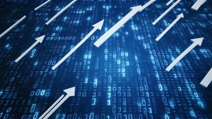 Abstract digital background featuring binary code and multiple upward arrows symbolizing data flow, technological growth, innovation, and business progress. Futuristic technology and information. - Powered by Adobe