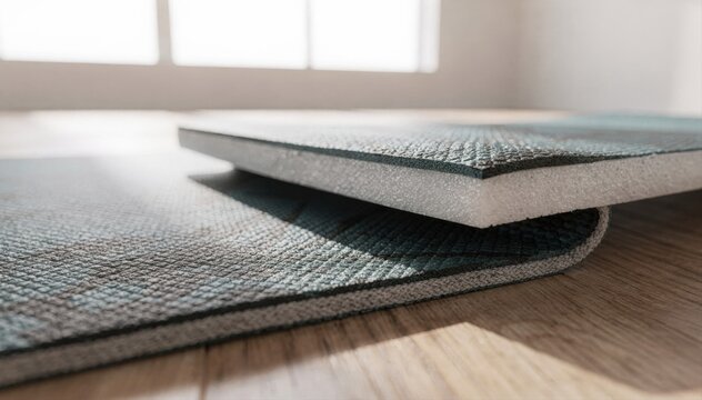 Closeup of a custom yoga mat with foam core and textured textile surface in a bright studio setting highlighting durable lamination and grip for intense workout sessions.