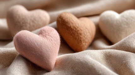 Macro shot of soft pink and beige felt hearts on textured fabric
