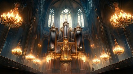 A grand cathedral organ, its keys glowing softly in the light of chandeliers hanging above .