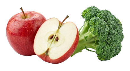 Photorealistic apple and broccoli arrangement, apple cut in half revealing seeds and flesh, clean minimal layout, studio lighting, isolated on white background, commercial stock photo, ultra sharp det