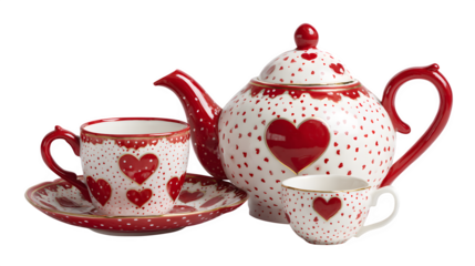 Heart-patterned tea set isolated on transparent background