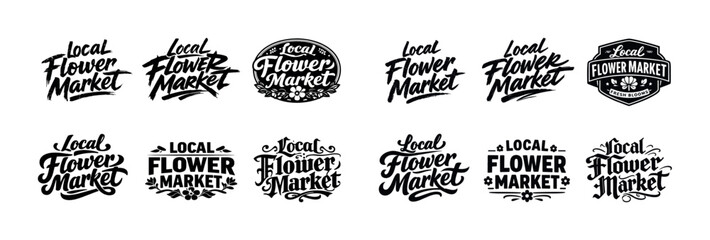 Vintage local flower market logos collection in black and white