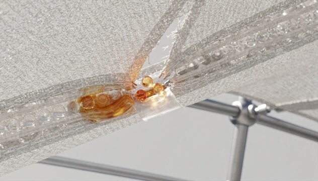 Detailed medium shot of membrane fabric in architectural tension system with visible selfrepair action from embedded microcapsules illustrating sustainable design and enhanced