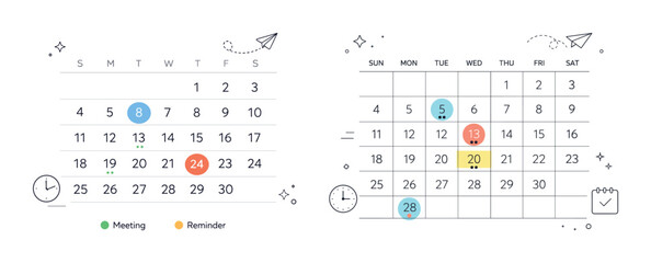 Minimalist calendar design with meeting and reminder highlights