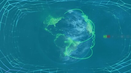 Animation of rainbow lens flare over abstract shapes and green light trails over spinning globe - Powered by Adobe