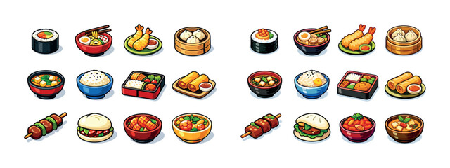 Assorted asian cuisine dishes: sushi, dumplings, and noodles in colorful bowls