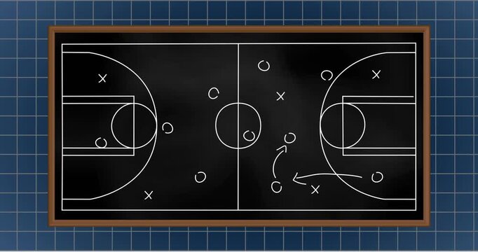 Animation of game plan on black board over blue background
