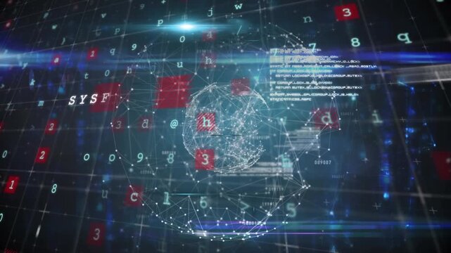 Animation of network of connections and digital interface and hacked text over dark background