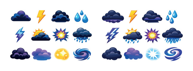 Colorful weather icons set featuring clouds, lightning, rain, sun, and storm symbols
