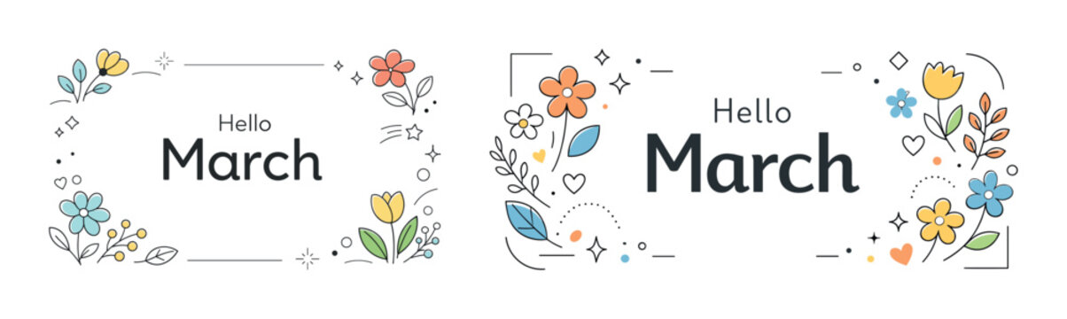 Floral welcome to march with colorful spring flowers and elegant design