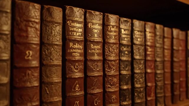 Vintage books in a row on a shelf with ornate details