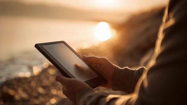 Closeup of a person adjusting ereader screen settings for better resolution under bright sunlight to enhance outdoor reading clarity.