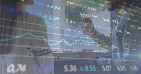 Animation of financial data processing over business people in office - Powered by Adobe