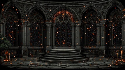 Dramatic architectural backdrop featuring gothic arches and floating sparks in a dark ambiance