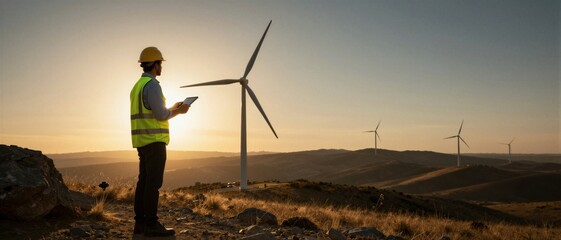 A dedicated renewable energy engineer monitors a wind farm during sunset, representing the future of sustainable power and green technology.