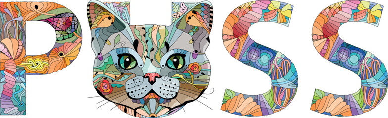 Word PUSS. Vector zentangle object for decoration