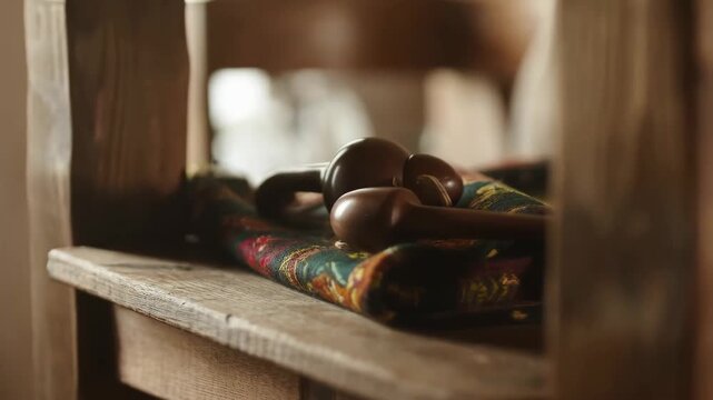 A close-up view of traditional wooden tools resting on a richly patterned fabric on an old wooden shelf.