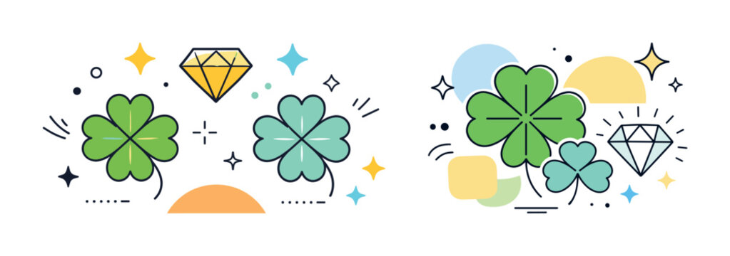 Colorful clover and diamond icons with abstract shapes and stars