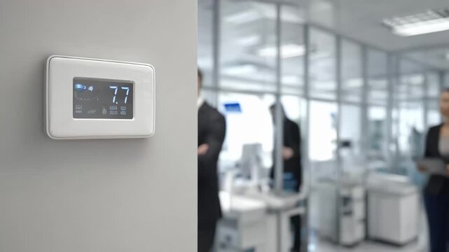 Modern air quality sensor displaying particulate levels in a bright clinical environment emphasizing health safety and pollution monitoring.