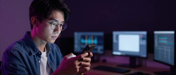 Focused software developer using a smartphone in a modern dark workspace with multiple computer screens during a late night coding session.