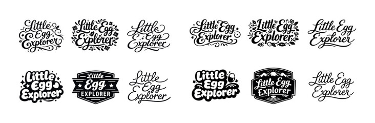 Fototapeta premium Black and white little egg explorer text logo variations with decorative elements
