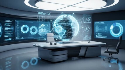 A cutting-edge command center features a holographic globe and interactive data displays for global insights. - Powered by Adobe