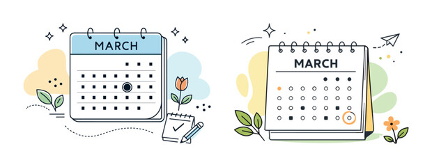 Illustrated march calendar designs with floral and decorative elements