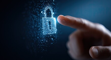 Glowing padlock touched by finger, dark background, digital security concept