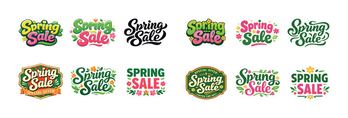 Colorful spring sale logos with floral designs and creative typography