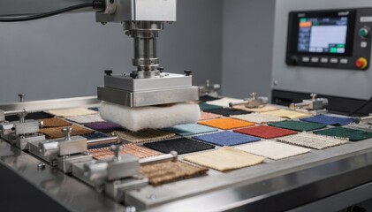 Medium shot of lab machinery performing dry rub testing on bag fabrics to evaluate colorfastness under friction conditions in controlled environment.