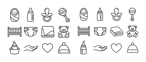 Fototapeta premium Baby essentials icons: bottles, pacifiers, cribs, and more in simple line art style