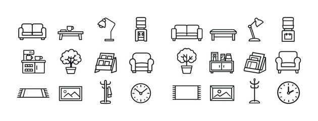 Modern office furniture collection: sofas, lamps, tables, plants, water dispenser, clocks