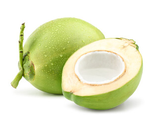 Young green coconut with half cut isolated on white.
