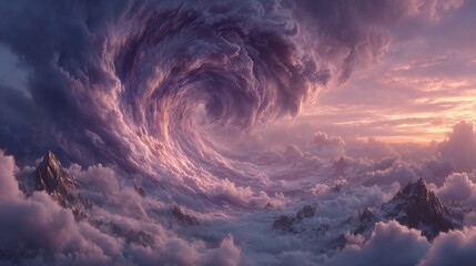 Dramatic Cloud Formation Over Mountain Peaks at Sunset Creating a Serene Scenery