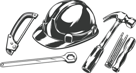Construction tools and hard hat on black background