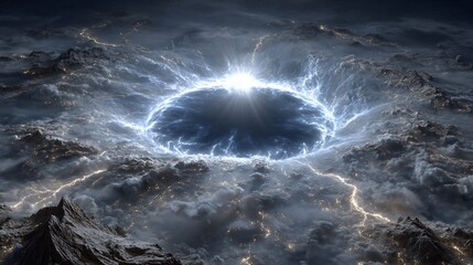 Dramatic cosmic event with powerful energy burst amidst cloudy mountain landscape