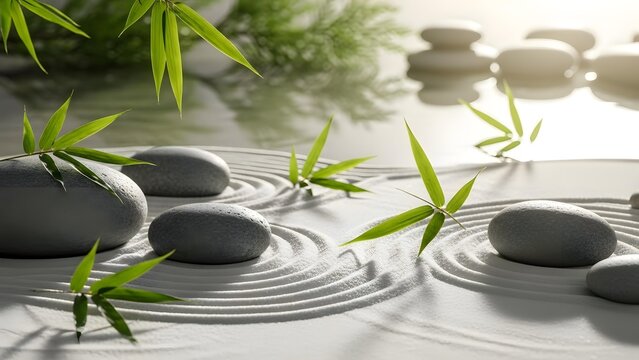Zen spa still life featuring black stones and bamboo with a green leaf and white flower for wellness and relaxation balance