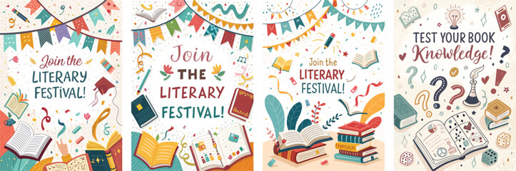 Fun literary trivia fair creative poster featuring banners quotes and illustrations