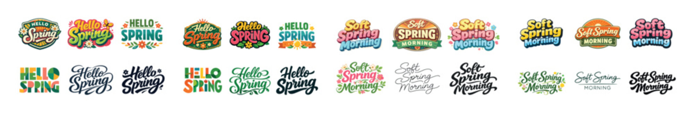 Colorful and creative 'hello spring' and 'soft spring morning' text designs