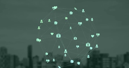 Animation of globe of digital icons spinning against aerial view of tall buildings - Powered by Adobe